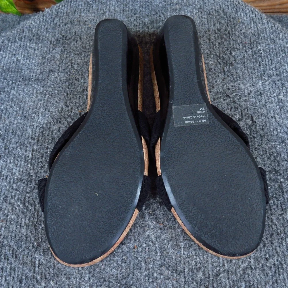 Style & Co Alice Women Wedge Sandals Size 7M Summer Dressy Black Textile Cork
